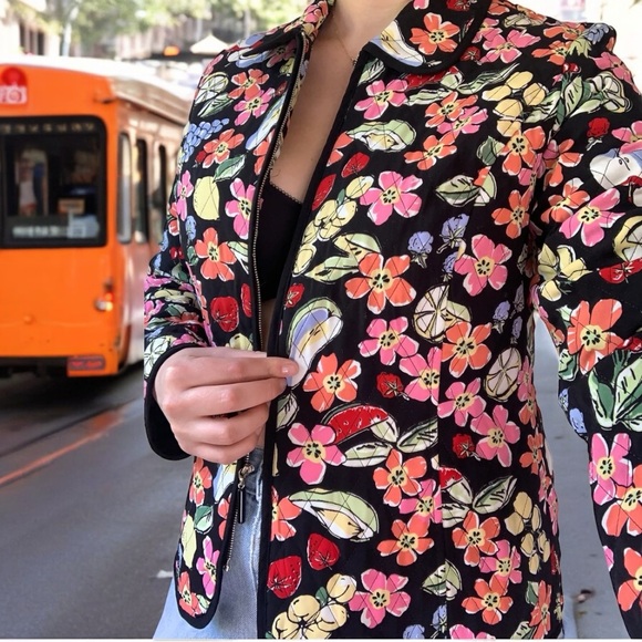 Vintage Jackets & Blazers - Y2K Funky Flower Fruit Printed Quilted Zip Up Boxy Grunge Picnic Festival Jacket